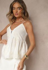 Biały Bawełniany Top na Ramiączkach z Ozdobnym Haftem Zapinany na Guziki Linanira. Białe topy damskie Renee, l, bez wzorów, z bawełny, eleganckie, bez kołnierzyka, bez ramiączek. Za 54.99 zł.