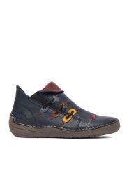 Rieker Botki CEO-72581-14 Granatowy. Niebieskie botki damskie Rieker, bez wzorów, ze skóry, bez obcasa, na płaskiej podeszwie, bez zapięcia. Za 349.99 zł.