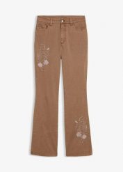 Jeansy bootcut z haftem, z elastycznej mieszanki bawełny. Brązowe jeansy damskie bonprix, bez wzorów, z bawełny. Za 199.99 zł.