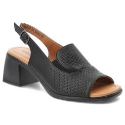 Sandały damskie Vinceza, cholewka ze skóry naturalnej licowej z perforacją odkryty przód elegancki fason na stabilnym obcasie, czarne, 66920. Czarne sandały damskie VINCEZA, bez wzorów, ze skóry, bez obcasa, bez zapięcia. Za 159.00 zł.