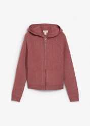Sweter rozpinany z kapturem. Fioletowe kardigany damskie bonprix, bez wzorów, z dzianiny, bez kołnierzyka. Za 159.99 zł.