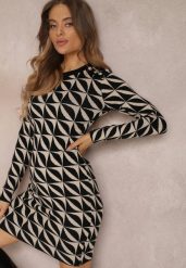 Czarno-Beżowa Sukienka Dzianinowa w Geometryczny Wzór Chlaria. Czarne sukienki damskie Renee, s, bez wzorów, z dzianiny, eleganckie, bez kołnierzyka, bez ramiączek, mini, dopasowane. Za 89.99 zł.