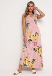 Różowa Rozkloszowana Sukienka w Kwiaty z Wiązaniami na Ramionach Saloa. Czerwone sukienki damskie Born2be, na co dzień, m, z aplikacjami, z jeansu, eleganckie, bez kołnierzyka, bez ramiączek, maxi, proste. Za 34.99 zł.