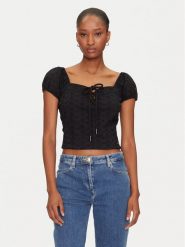 Guess Bluzka W5GP13 KCVA1 Czarny Slim Fit. Czarne bluzki damskie Guess, l, z aplikacjami, z bawełny, bez kołnierzyka, bez ramiączek. Za 169.99 zł.