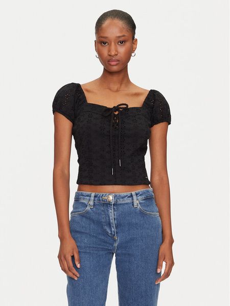 Guess Bluzka W5GP13 KCVA1 Czarny Slim Fit. Czarne bluzki damskie Guess, xs, z aplikacjami, z bawełny, bez kołnierzyka, bez ramiączek. Za 169.99 zł.