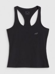 4F Top slim gładki damski - czarny M. Czarne topy damskie 4F, m, bez wzorów, z bawełny, klasyczne, bez kołnierzyka, bez ramiączek. Za 39.99 zł.