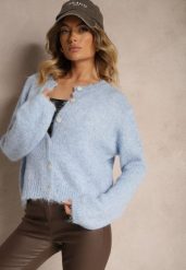 Niebieski Klasyczny Kardigan o Prostym Kroju Riavara. Niebieskie kardigany damskie Renee, bez wzorów, z jeansu, eleganckie, bez kołnierzyka. Za 159.99 zł.