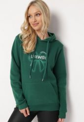 Zielona Polarowa Bluza z Kapturem i Ściągaczami Ozdobiona Nadrukiem Mleza. Zielone bluzy damskie Born2be, m, bez wzorów, z polaru, casualowe, bez ramiączek, z kapturem. Za 84.99 zł.
