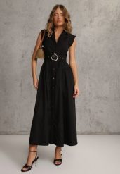 Czarna Sukienka Koszulowa Bez Rękawów z Paskiem i Metaliczną Klamrą Thespiphia. Czarne sukienki damskie Renee, na co dzień, m, bez wzorów, bez kołnierzyka, bez ramiączek, maxi, koszulowe. Za 179.99 zł.