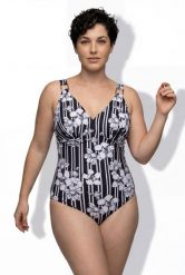 Damskie Strój kąpielowy paski z kwiatami miękkie miseczki. Czarne stroje kąpielowe damskie Ulla Popken, plus size, bez wzorów, z elastanu. Za 191.99 zł.