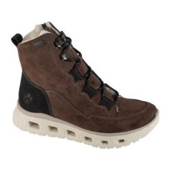 Buty Rieker Booties M6012-2 brązowe. Brązowe botki damskie bez wzorów, z gumy, bez obcasa, bez zapięcia. Za 490.62 zł.