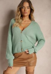 Miętowy Rozpinany Kardigan z Wełną Irissae. Zielone kardigany damskie Renee, na zimę, bez wzorów, z wełny, bez kołnierzyka. Za 119.99 zł.