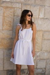 SUKIENKA MIA ECRU L - Flawless. Sukienki damskie Flawless, na plażę, l, bez wzorów, ze skóry, eleganckie, bez kołnierzyka, bez ramiączek, mini. Za 155.00 zł.