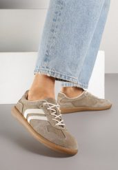Ciemnobeżowe Sneakersy Tenisówki ze Skórzaną Wkładką Ozdobione Paskami Melioressa. Brązowe trampki i tenisówki damskie Renee, bez wzorów, z jeansu, bez zapięcia. Za 169.99 zł.