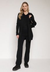 Czarny Komplet Dzianinowy z Bawełną Spodnie Kamizelka i Długi Kardigan Meviravia. Czarne kardigany damskie Born2be, bez wzorów, z bawełny, eleganckie, bez kołnierzyka. Za 139.99 zł.