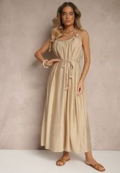 Beżowa Wiskozowa Sukienka Boho na Wiązanych Ramiączkach z Paskiem z Plecionki Miratera. Brązowe sukienki damskie Renee, na co dzień, m, bez wzorów, z materiału, boho, bez kołnierzyka, bez ramiączek, maxi. Za 99.99 zł.