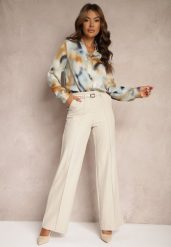 Jasnobeżowe Spodnie z Wiskozą o Szerokim Kroju High Waist z Paskiem Mavalise. Brązowe spodnie materiałowe damskie Renee, bez wzorów, z jeansu, eleganckie, z podwyższonym stanem. Za 79.99 zł.