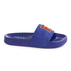 Klapki Fenty x Puma z niebieskiej skóry, styl casual beach, flatform. Niebieskie klapki damskie Puma, bez wzorów, z materiału, casualowe, bez obcasa, bez zapięcia. Za 288.99 zł.