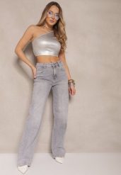 Jasnoszare Szerokie Jeansy z Bawełny High Waist Ozdobione Cyrkoniami Firlevia. Szare jeansy damskie Renee, bez wzorów, z bawełny, z podwyższonym stanem. Za 119.99 zł.