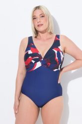 Damski Strój kąpielowy ozdobny węzełek miękkie miseczki biust z nadrukiem. Niebieskie stroje kąpielowe damskie Ulla Popken, plus size, bez wzorów, z elastanu. Za 233.99 zł.