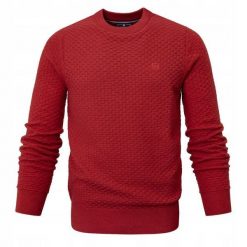Bawełniany Sweter, Okrągły Dekolt (U-Neck) - Czerwony w Marmurkowy Wzór, Męski. Czerwone swetry męskie Pako Jeans, l, bez wzorów, z bawełny, eleganckie, bez kołnierzyka, bez ramiączek. Za 179.00 zł.
