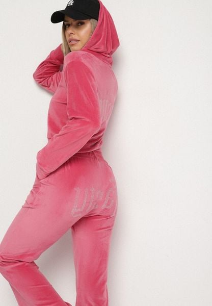 Różowy Welurowy Komplet Dresowy z Cyrkoniową Aplikacją Bluza i Spodnie Mitene. Czerwone bluzy damskie Born2be, m, z aplikacjami, z dresówki, bez ramiączek, z kapturem. Za 79.99 zł.