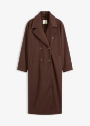 Płaszcz oversize z imitacji wełny. Brązowe płaszcze damskie bonprix, bez wzorów, z wełny, bez kołnierzyka, bez kaptura. Za 379.99 zł.