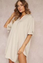 Jasnobeżowa Pudełkowa Sukienka Oversize z Kołnierzykiem Zaya. Brązowe sukienki damskie Renee, bez wzorów, bez kołnierzyka, bez ramiączek, mini, oversize. Za 59.99 zł.