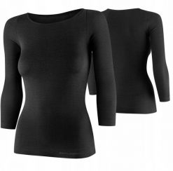 LS1628W Koszulka damska z rękawem 3/4 COMFORT MERINO czarny XL. Czarne bluzki damskie Brubeck, xl, bez wzorów, bez kołnierzyka, bez ramiączek. Za 247.33 zł.