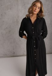 Czarna Koszulowa Sukienka z Bawełny z Wiązanym Paskiem i Podpinanymi Rękawami Cesela. Czarne sukienki damskie Renee, na co dzień, l, bez wzorów, z bawełny, boho, bez kołnierzyka, bez ramiączek, maxi, koszulowe. Za 119.99 zł.