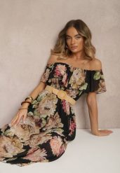 Czarna Sukienka Hiszpanka z Kwiatowym Wzorem i Plecionym Paskiem Sadeene. Czarne sukienki damskie Renee, na co dzień, na lato, m, bez wzorów, eleganckie, bez kołnierzyka, bez ramiączek, midi. Za 89.99 zł.