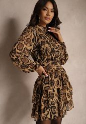 Brązowa Rozkloszowana Sukienka z Falbanami i Stójką w Panterkowy Print Rinnovia. Brązowe sukienki damskie Renee, na co dzień, l, bez wzorów, eleganckie, bez kołnierzyka, bez ramiączek, mini, dopasowane. Za 129.99 zł.