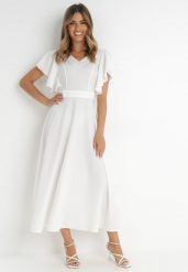 Biała Rozkloszowana Sukienka Zdobiona Falbanami Emilienne. Białe sukienki damskie Born2be, na co dzień, m, z aplikacjami, z jeansu, eleganckie, bez kołnierzyka, bez ramiączek, maxi, proste. Za 109.99 zł.