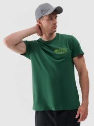 4F T-shirt regular z nadrukiem męski - zielony S. Zielone t-shirty męskie 4F, m, bez wzorów, z bawełny, bez kołnierzyka, bez ramiączek. W wyprzedaży za 29.99 zł.