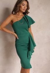 Zielona Asymetryczna Sukienka Bodycon z Falbanami na Jedno Ramię Imelia. Zielone sukienki damskie Renee, na imprezę, l, bez wzorów, z asymetrycznym kołnierzem, bez ramiączek, midi, asymetryczne. Za 119.99 zł.