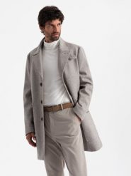 Jednorzędowy wzorzysty męski płaszcz z kieszeniami – popielaty V1 OM-COWC-0108 - XXL. Szare płaszcze męskie Ombre Clothing, l, bez wzorów, z materiału, klasyczne, bez kołnierzyka, bez kaptura. Za 317.99 zł.