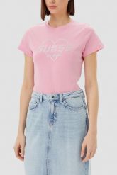 GUESS Różowy damski t-shirt Narciso. Czerwone t-shirty damskie Guess, s, z aplikacjami, bez kołnierzyka, bez ramiączek. W wyprzedaży za 99.99 zł.