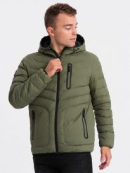 Sportowa kurtka męska pikowana - khaki V6 OM-JALP-0118 - XL. Brązowe kurtki sportowe męskie Ombre Clothing, m, bez wzorów, z nylonu, bez kaptura. W wyprzedaży za 89.99 zł.