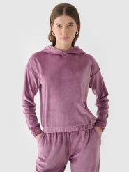 4F Bluza dresowa z weluru nierozpinana z kapturem damska - różowa XS. Czerwone bluzy damskie 4F, xs, bez wzorów, z dresówki, sportowe, bez ramiączek, z kapturem. W wyprzedaży za 59.99 zł.