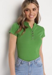 Zielony T-shirt Koszulka z Bawełny z Metalicznymi Guzikami Cariena. Zielone bluzki damskie Born2be, m, bez wzorów, z bawełny, bez kołnierzyka, bez ramiączek. Za 39.99 zł.