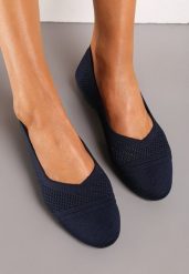 Granatowe Płaskie Balerinki z Siateczkowego Materiału Nelibra. Niebieskie balerinki damskie Renee, bez wzorów, eleganckie, bez obcasa, na płaskiej podeszwie, bez zapięcia. Za 39.99 zł.