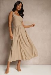 Ciemnobeżowa Rozkloszowana Sukienka z Wiskozy Milunisa. Brązowe sukienki damskie Renee, na co dzień, m, bez wzorów, z jeansu, eleganckie, bez kołnierzyka, bez ramiączek, maxi, rozkloszowane. Za 69.99 zł.