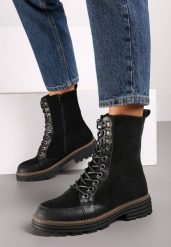 Czarne Sznurowane Płaskie Botki w Stylu Workerów Evalria. Czarne botki damskie Born2be, bez wzorów, z wełny, eleganckie, bez obcasa, na obcasie, bez zapięcia. Za 209.99 zł.