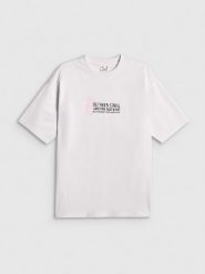 4F T-shirt loose z nadrukiem damski - biały L. Białe t-shirty damskie 4F, l, bez wzorów, z bawełny, klasyczne, bez kołnierzyka, bez ramiączek. Za 79.99 zł.