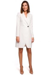 Ecru Elegancka Żakietowa Sukienka na Jeden Guzik. Brązowe sukienki damskie MOE, l, bez wzorów, z elastanu, eleganckie, bez kołnierzyka, bez ramiączek. Za 273.90 zł.