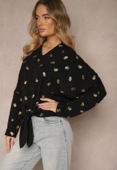Czarna Bluzka z Kołnierzykiem i Metalicznym Wzorem Nonelle. Czarne bluzki damskie Renee, l, bez wzorów, eleganckie, bez kołnierzyka, bez ramiączek. Za 59.99 zł.