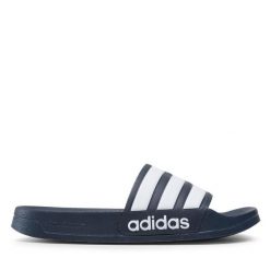 Klapki adidas. Niebieskie klapki damskie Adidas, bez wzorów, sportowe, bez obcasa, bez zapięcia. Za 89.99 zł.