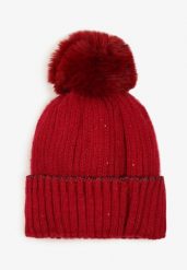 Bordowa Czapka Beanie Ozdobiona Metaliczną Nicią i Pomponem Delasirra. Czerwone czapki damskie Renee, bez wzorów, z jeansu, eleganckie. Za 34.99 zł.