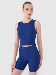 4F Crop top dzianinowy damski - granatowy M. Niebieskie topy damskie 4F, m, bez wzorów, z bawełny, sportowe, bez kołnierzyka, bez ramiączek. W wyprzedaży za 29.99 zł.