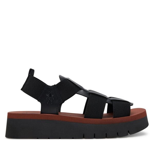 Sandały Fly London. Czarne sandały damskie Fly London, bez wzorów, bez obcasa, na koturnie, bez zapięcia. Za 322.99 zł.